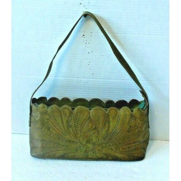 LL Leaders In Leather Purse Paraguay Scrolled Floral Tooled Leather Teal & Brown - Picture 2 of 8